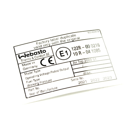 Original Webasto Air Top 2000 ST Blanko-Typschild – Selbstklebend für e1-Standheizungen