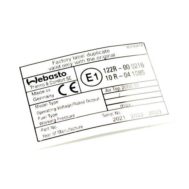 Original Webasto Air Top 2000 ST Blanko-Typschild – Selbstklebend für e1-Standheizungen