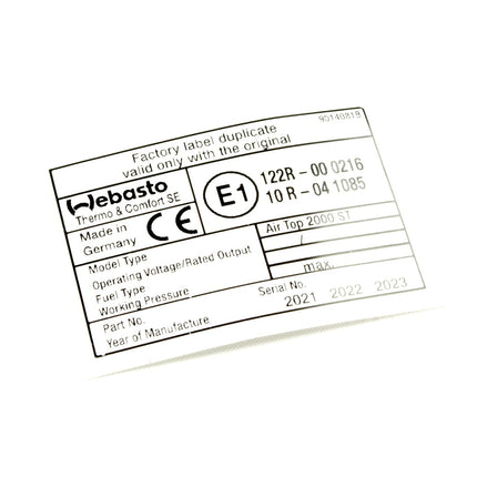 Original Webasto Air Top 2000 ST Blanko-Typschild – Selbstklebend für e1-Standheizungen