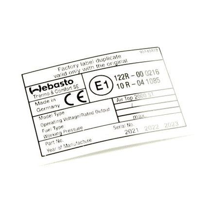 Original Webasto Air Top 2000 ST Blanko-Typschild – Selbstklebend für e1-Standheizungen