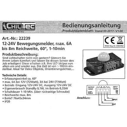 Bewegungssensor mit PIR-Sensor 12/24 V, 6 A - BWM6A - 1 - Stück Diverse