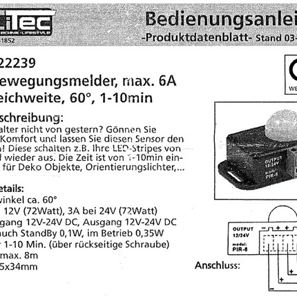 Bewegungssensor mit PIR-Sensor 12/24 V, 6 A Hischier Auto AG