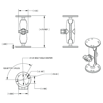 RAM Mounts Aufbau-Set, B-Kugel (1“) RAMB101U - Hischier Auto AG
