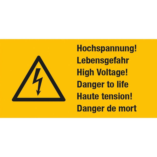 Warnschild Hochspannung Lebesgefahr 65 x 32 mm D/GB/F, 6 Stk. WSR/HLG3DEF - Hischier Auto AG